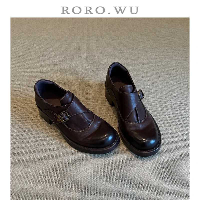 水洗牛皮英伦风复购乐福鞋百搭厚底皮带扣小个子单鞋女圆头粗跟