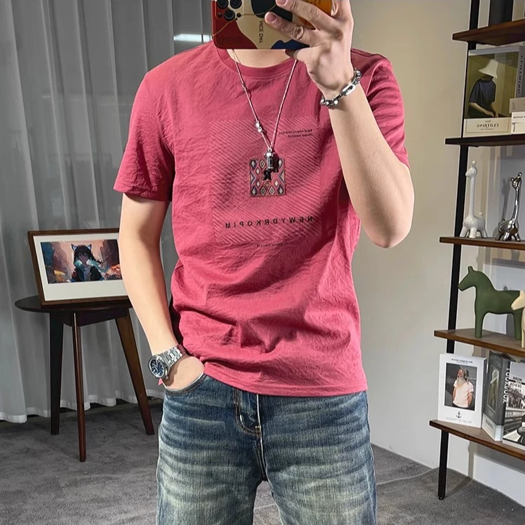 夏季薄款棉麻t恤男短袖字母贴布印花刺绣青年修身清凉圆领半袖潮