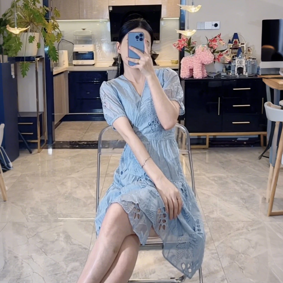 531【猪猪--孤品断码】气质蕾丝蓝色女装连衣裙温柔法式收腰时尚