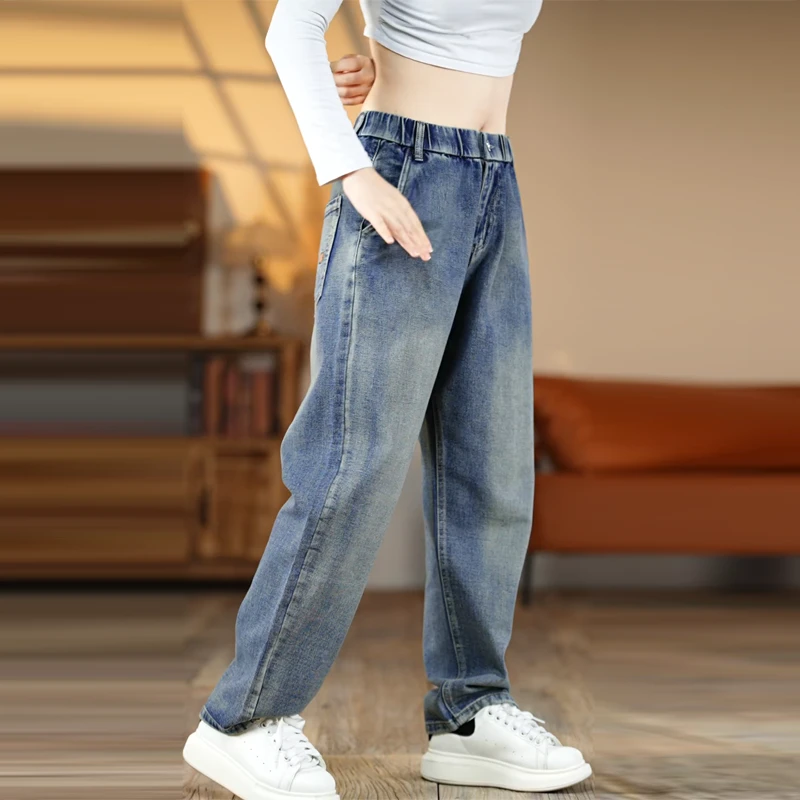 美式复古秋冬直筒潮流阔腿痞帅显瘦撞色高街水洗做旧百搭牛仔裤男