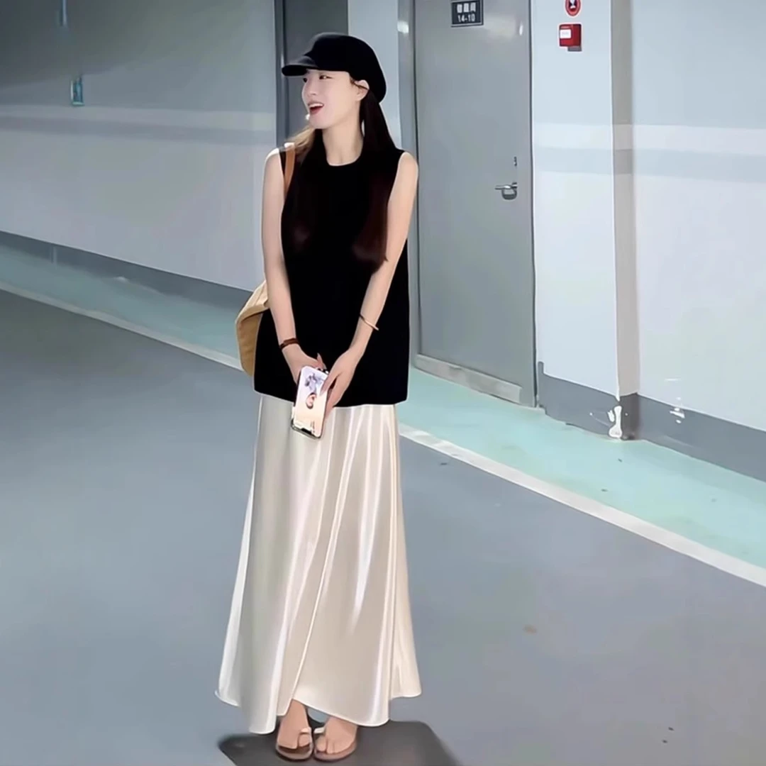 2025夏季新款女装黑色时尚简约无袖上衣缎面半身裙两件套时尚套装