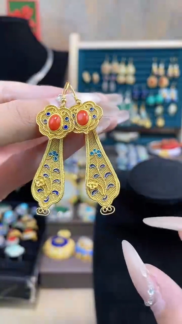 非遗手工花丝镶嵌耳环