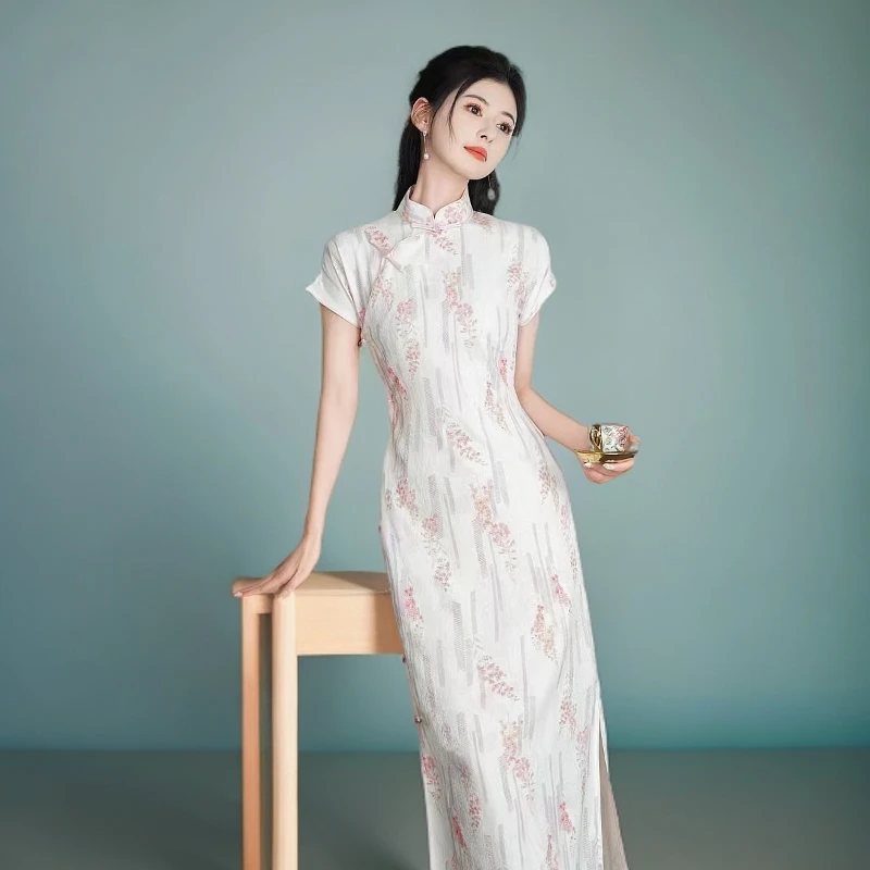 吴《粉柳枝》衣长120夏季新款小清新粉色少女年轻款全开襟旗袍