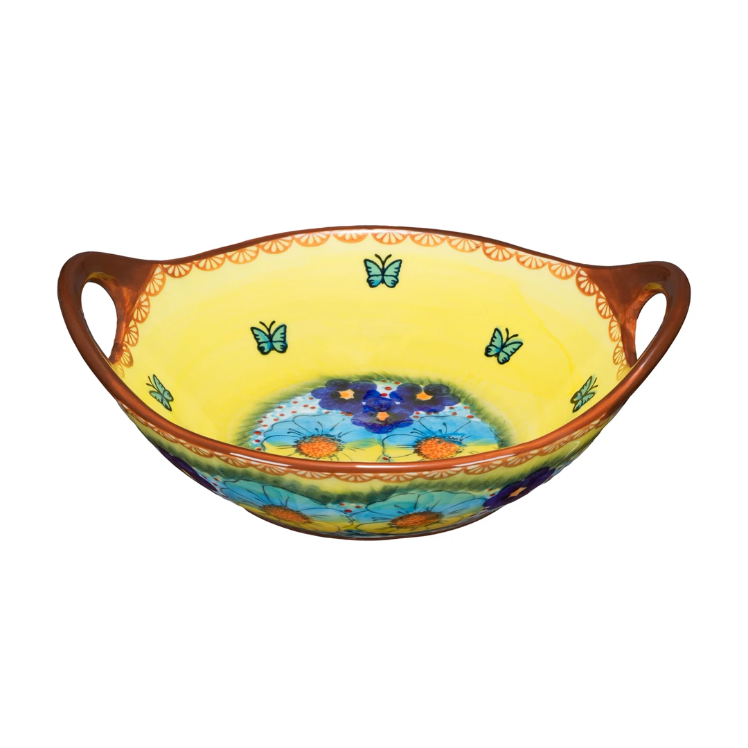 【SILESIA/出口原单】手绘琉璃黄彩-9.5英寸双耳提柄沙拉碗