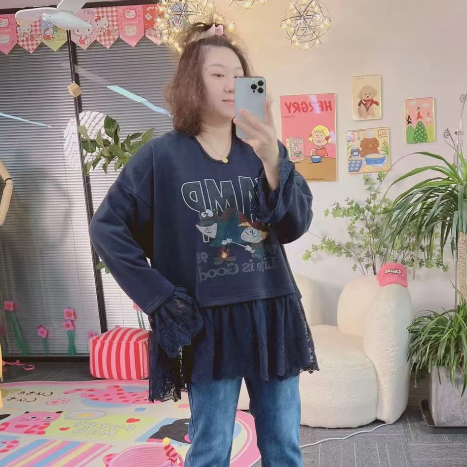 【纯熙+】秋冬新款烤火男孩卫衣女拼接蕾丝边棉圈韩版宽松