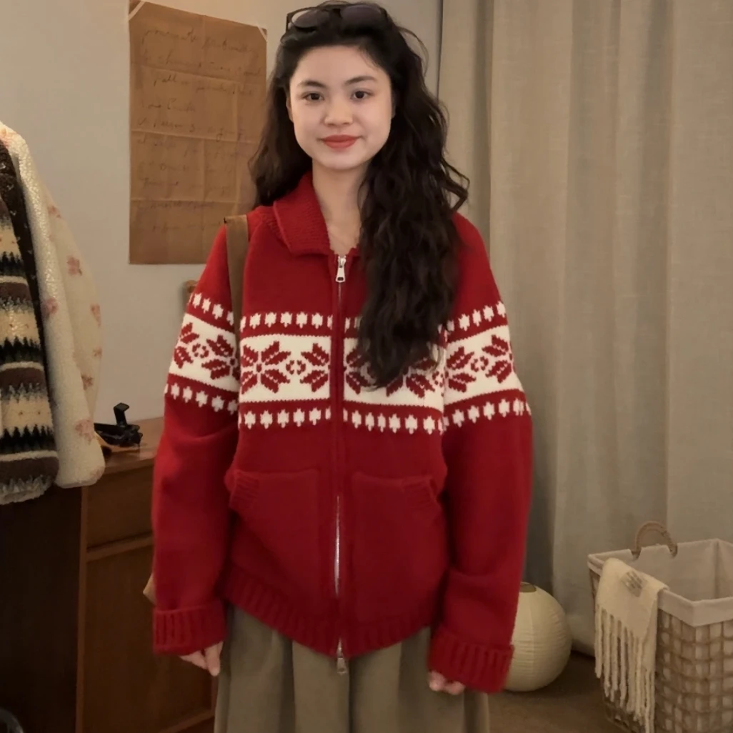 韩版慵懒风费尔岛针织开衫红色毛衣外套休闲穿搭学院加厚