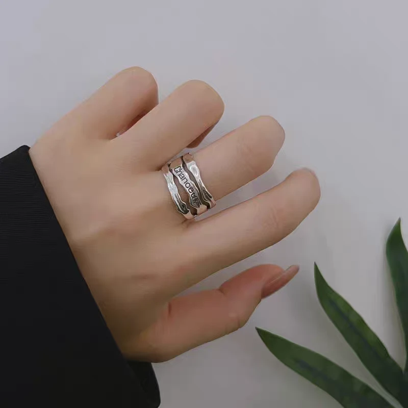 足银戒指 闭口足银999.9法式字母“幸运”浪漫戒指不规则ins风