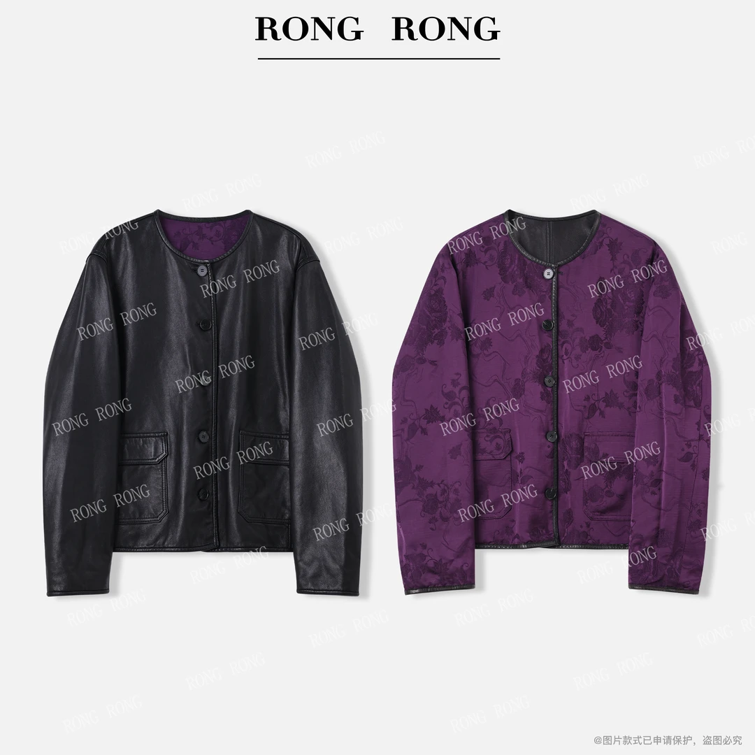 溶溶【墨韵凝紫】RONGRONG 100绵羊植鞣皮提花两面穿国风皮衣5812-2