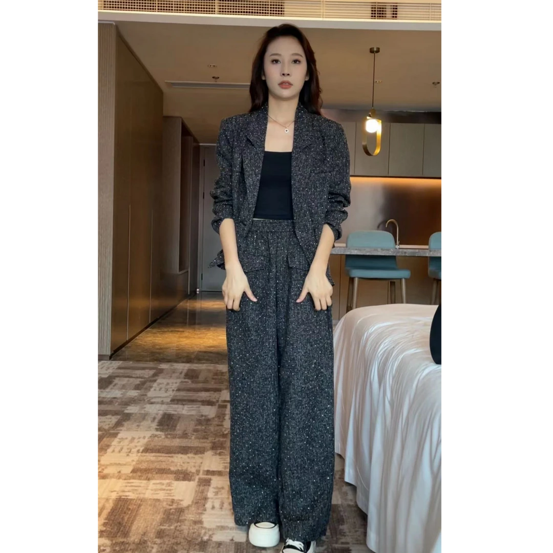 【梦婷家】高级感亮钻西装不规则长袖外套高腰阔腿裤套装-24608