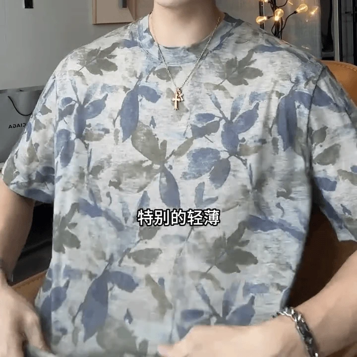2025夏季新款男士痞帅水墨撞色花卉图案短袖T恤百搭圆领时尚上衣