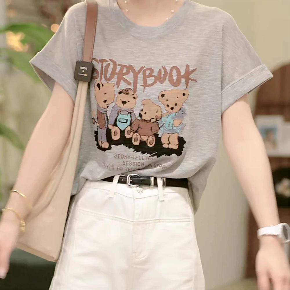 2025夏季新款卡通小熊短袖女装上衣圆领时尚显瘦T恤休闲百搭