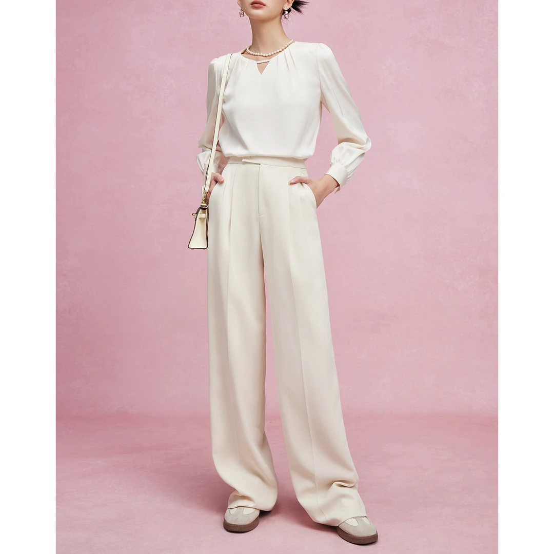 【诗语专属】MandyZhang米白高腰直筒通勤休闲裤初春阔腿长裤