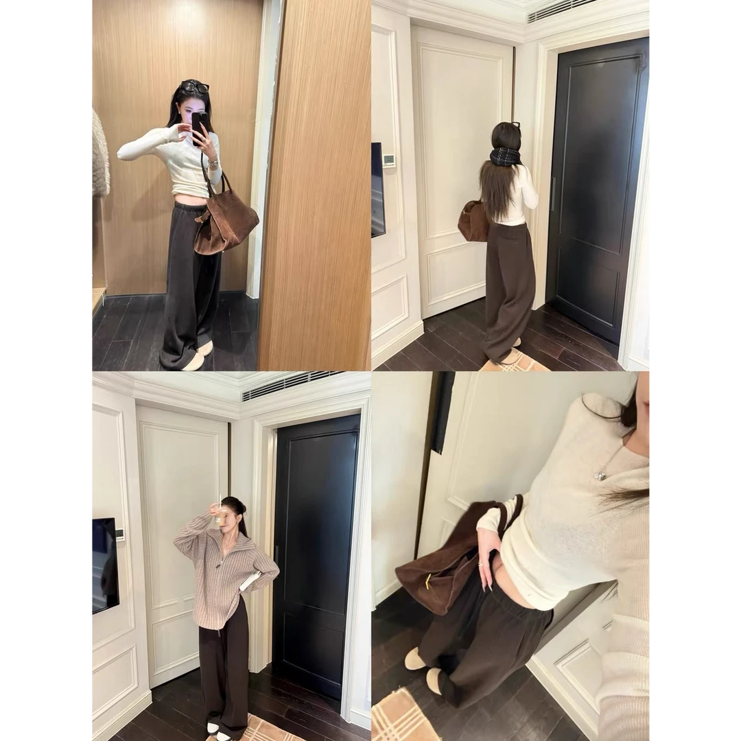 秋冬时尚休闲百搭磨毛休闲裤显瘦高腰直筒保暖长裤女气质宽松z355