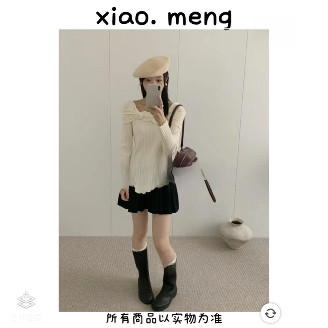 韩系一字肩蝴蝶结甜辣风显瘦毛衣6821