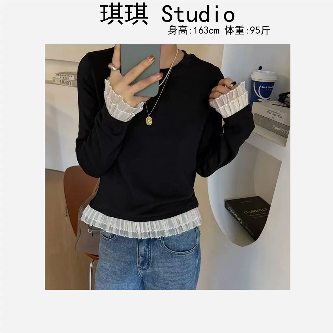 早春新款圆领舒适拼接花边气质时尚显瘦减龄休闲百搭上衣2503-C