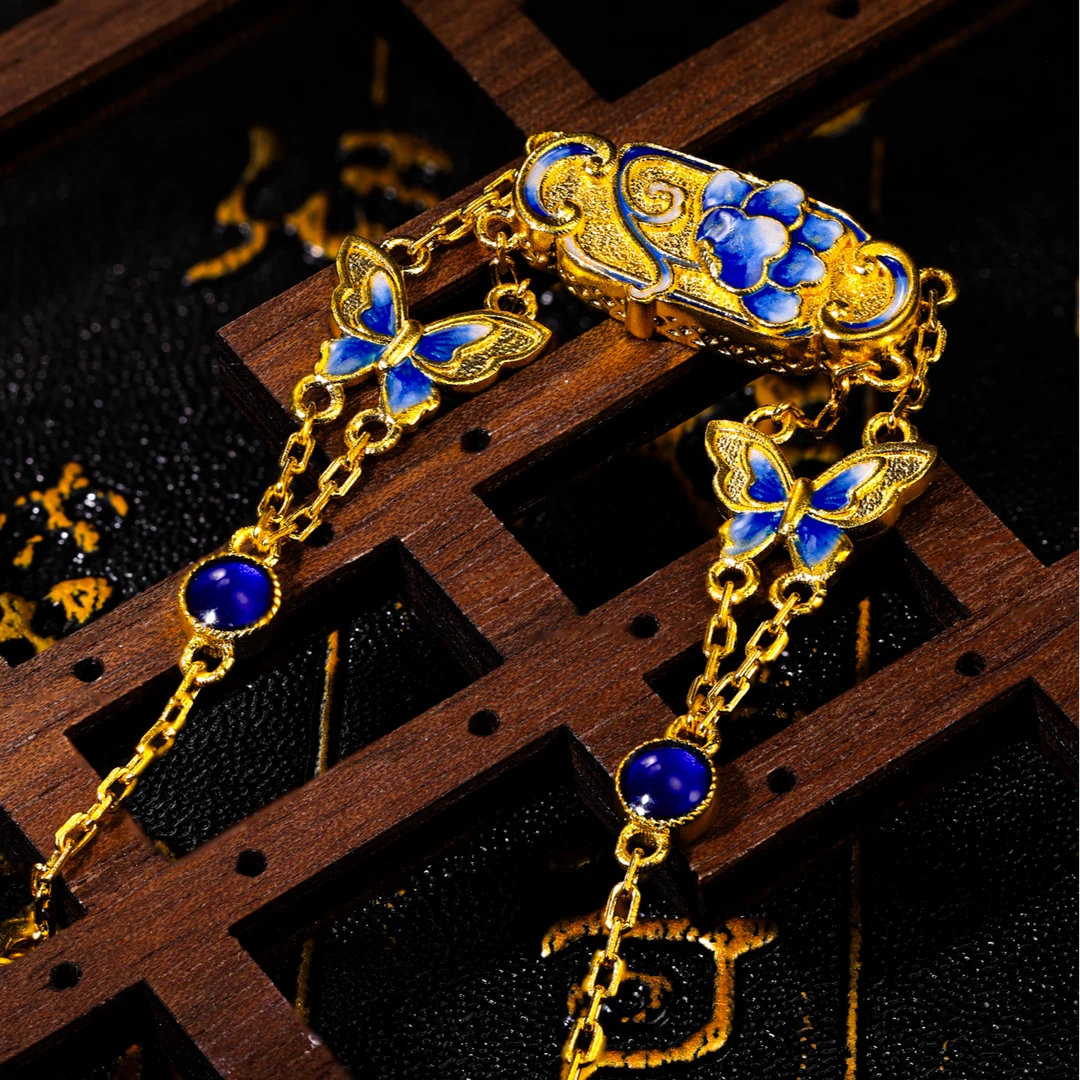 【萃华金店】青花瓷丨古法金烧蓝足金牡丹如意手链CHS0117