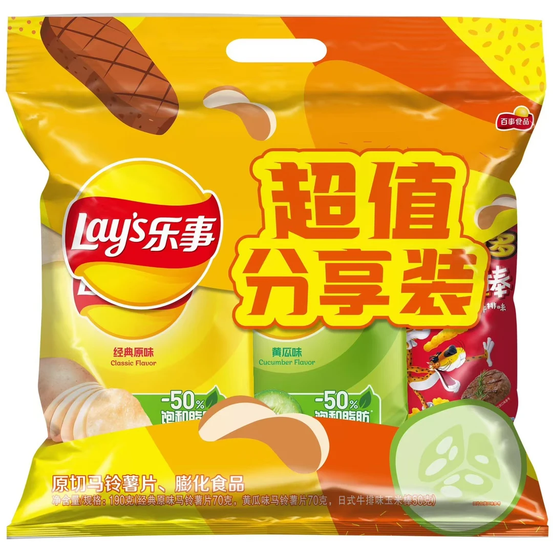 Lay’s/乐事薯片休闲零食组合原味黄瓜味奇多日式牛排味分享装