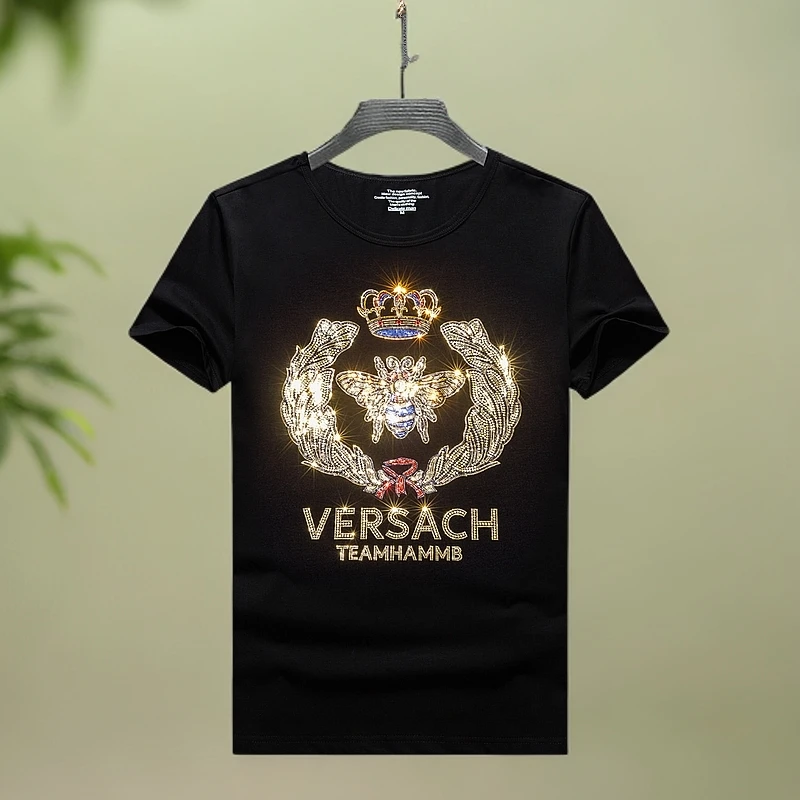 青年T恤短袖大码上衣个性时尚潮流烫钻亮片修身夏季百搭圆领男款