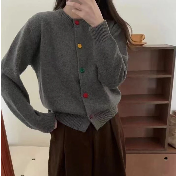 【糖果扣灰色】单排扣针织开衫女春秋慵懒风时尚减龄内搭毛衣外套