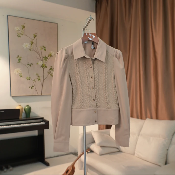 G524 早春款条纹麻花针织拼接短款衬衫女 2C37