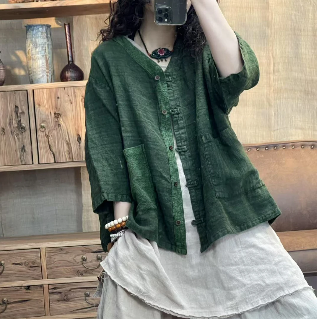 [四月阳光]新品春季亚麻炒色做旧细条撞色休闲女外套(长63胸围134