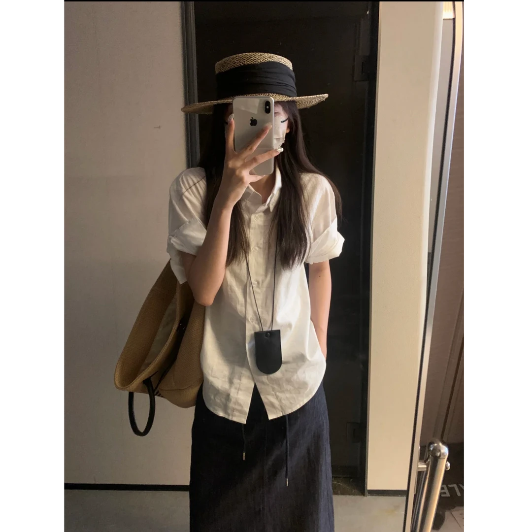 简约通勤风高智感挽袖白色衬衫+老钱风极简薄款牛仔半身裙套装