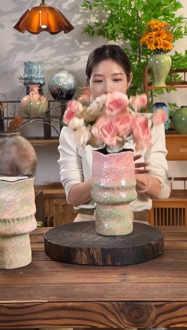 【绿脂凝春-褶皱花瓶】无孔水培桌面陶瓷花瓶干花鲜花客厅插花摆件