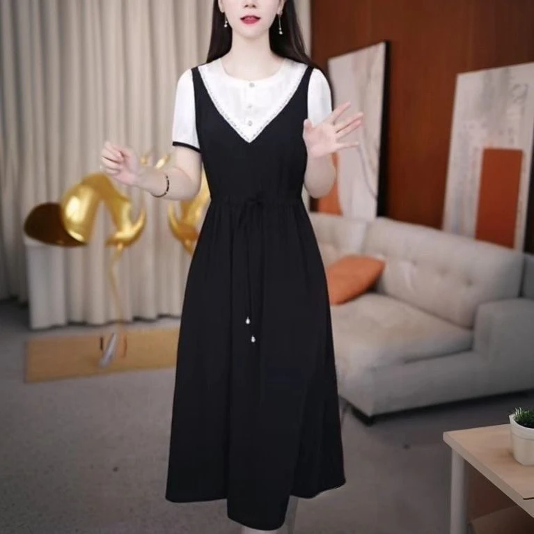 洋气减龄假两件短袖连衣裙女2025年夏季新款收腰显瘦裙子1449#