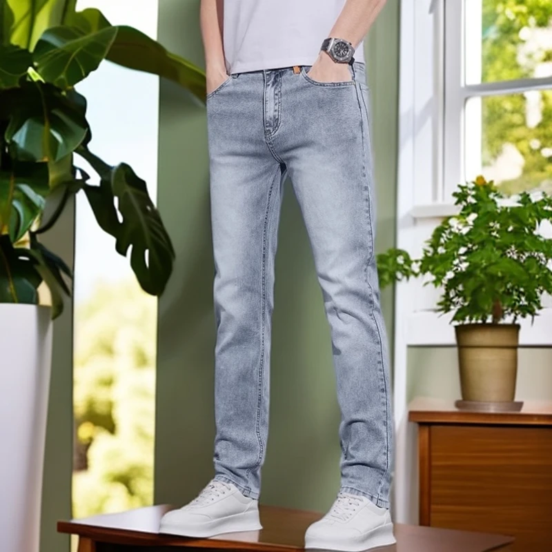 娜罗普西新款浅蓝色修身直筒裤子夏季牛仔裤男休闲百搭夏薄款男裤