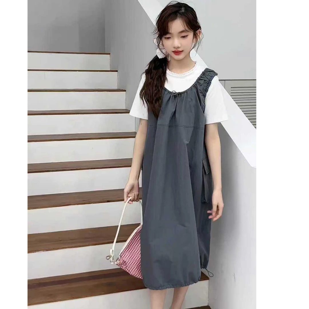 夏季女大童套装休闲时尚短袖+背带裙