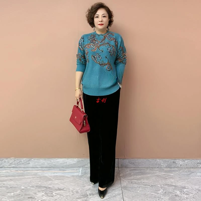 2306毛衣中老年羊毛衫时尚羊绒衫宽松新款印花打底秋冬女人衫妈妈