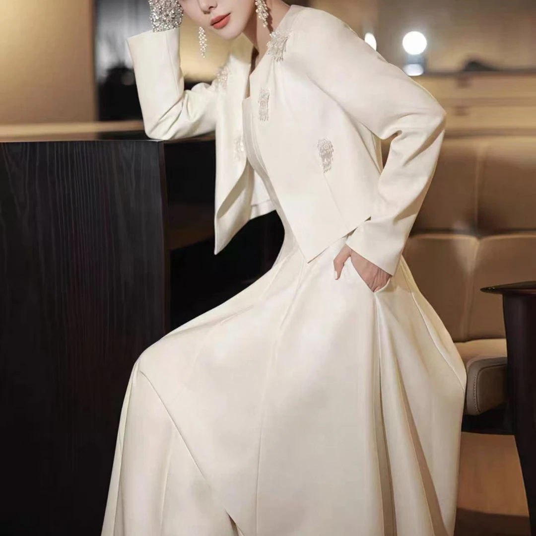 【晨浠定制】新款气质立体钉珠小香外套吊带连衣裙套装8108