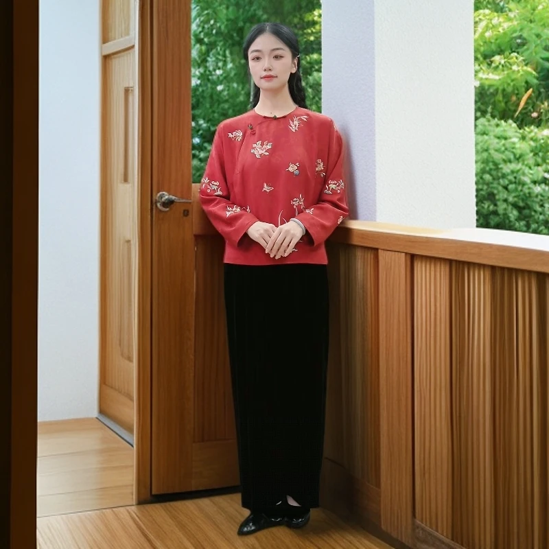 上海鉴界传统中国风上衣飞花令非遗真四经花罗刺绣新中式上衣