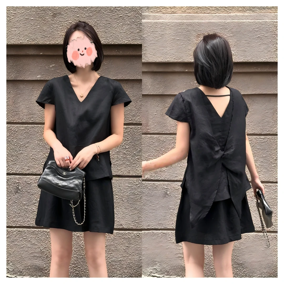时尚休闲后背蝴蝶结上衣+短半裙两件套装