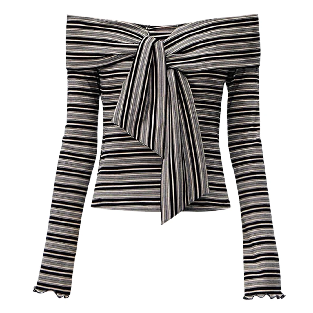 大码胖MM韩系慵懒风一字肩条纹长袖T恤女早秋新款修身显瘦上衣潮