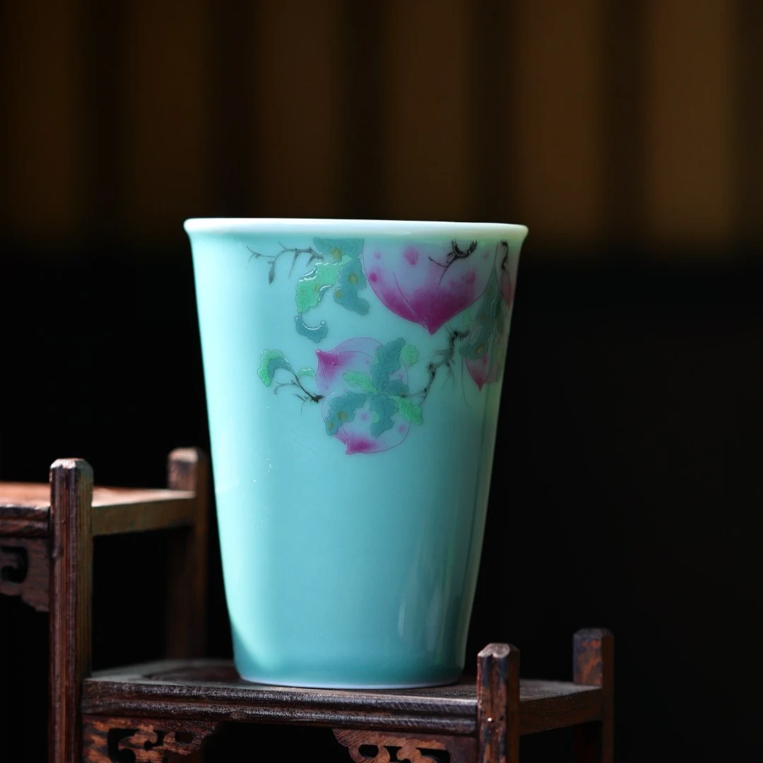 廷怀祥玉【桃运杯】手工瓷主人杯高温烧制可乐杯中式手绘
