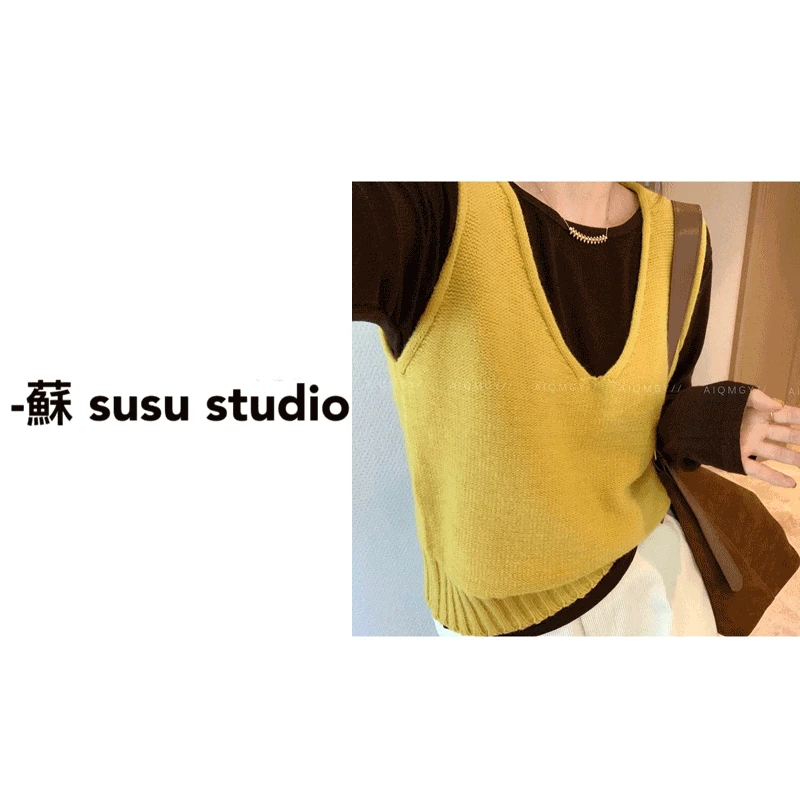 JS韩系秋冬新款针织马甲打底t恤叠穿V领针织马甲两件套上衣0974