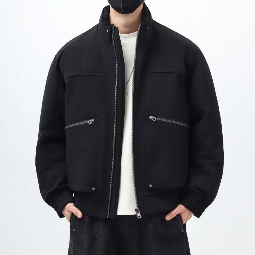 国标90白鸭绒美式复古立领羽绒服外套男拉链口袋纯色鸭绒夹克