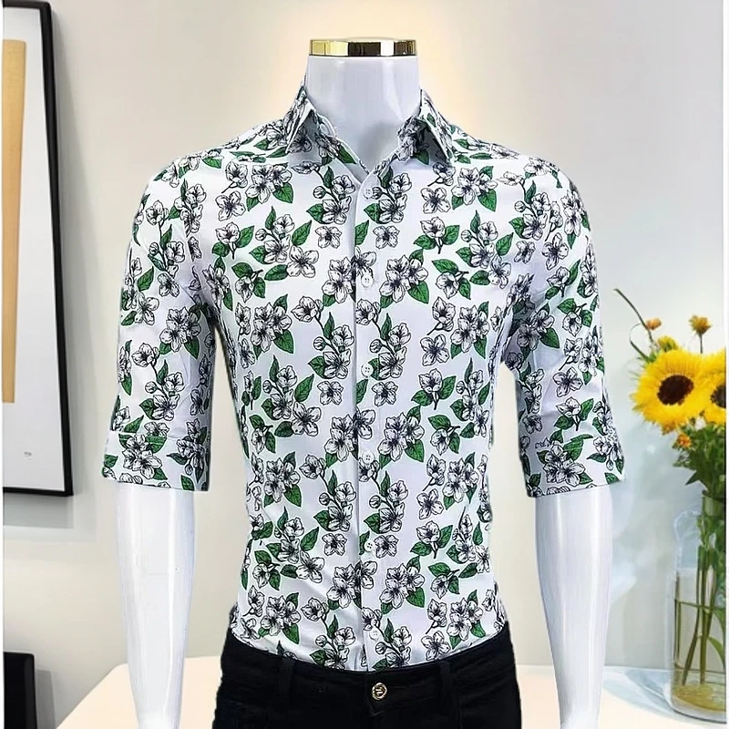 男款夏季印花中袖衬衫薄款修身衬衣精神小伙五分袖隐形扣子衬衣