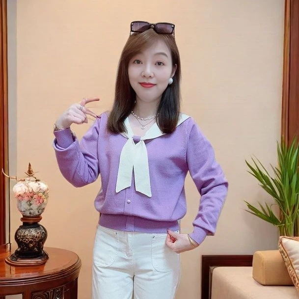 春秋气质毛衣女2025秋季洋气蝴蝶结薄款针织衫时尚百搭显瘦妈妈装