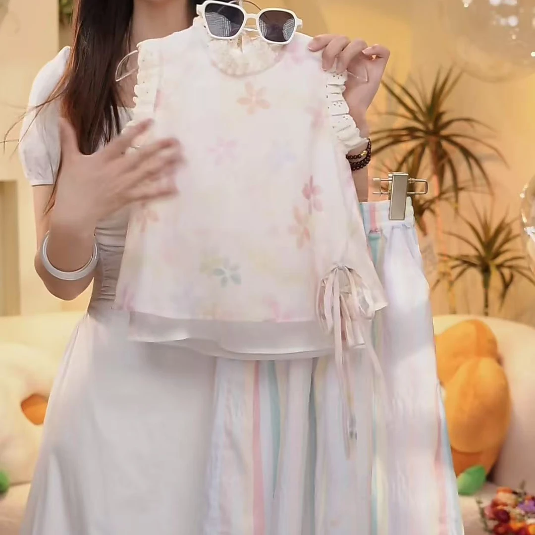 Yiran/一冉童品 2025夏款女童韩版花朵碎花无袖上衣+裤子套装
