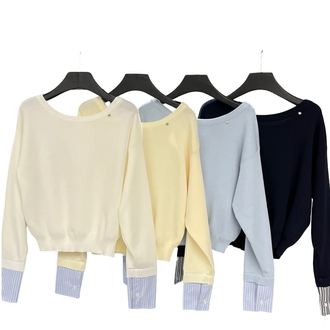 【Q-俏俏】短款休闲纯色时尚袖口条纹毛针织衫长袖毛衣0059