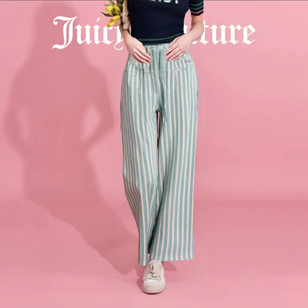 Juicy Couture橘滋2025夏新款条纹弹力腰抽绳薄款棉麻休闲裤女