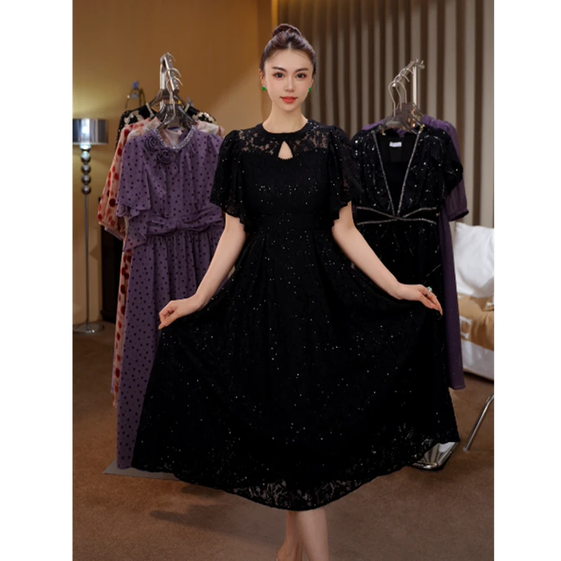 邂逅 G6126夏季新款法式轻奢气质黑色镂空设计感小众圆领连衣裙女