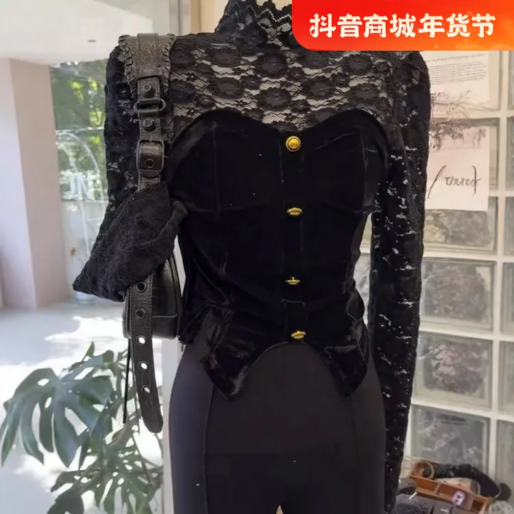 潼潼家【贵妇百搭】T恤拼接长袖蕾丝显瘦气质时尚黑色收腰