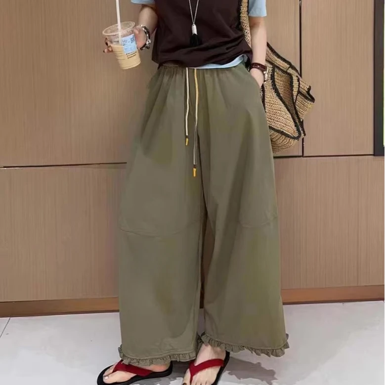 高端欧韩货~夏季松紧腰抽绳木耳边拼接九分裤宽松显瘦阔腿休闲裤