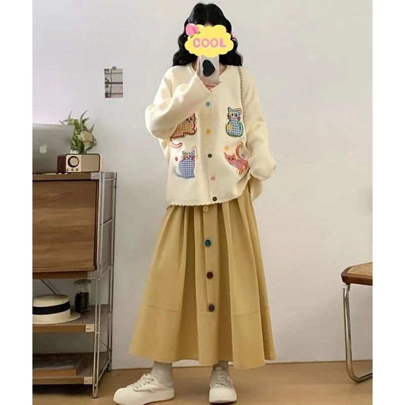 大码慵懒风休闲毛衣宽松高腰半身裙套装女9580#