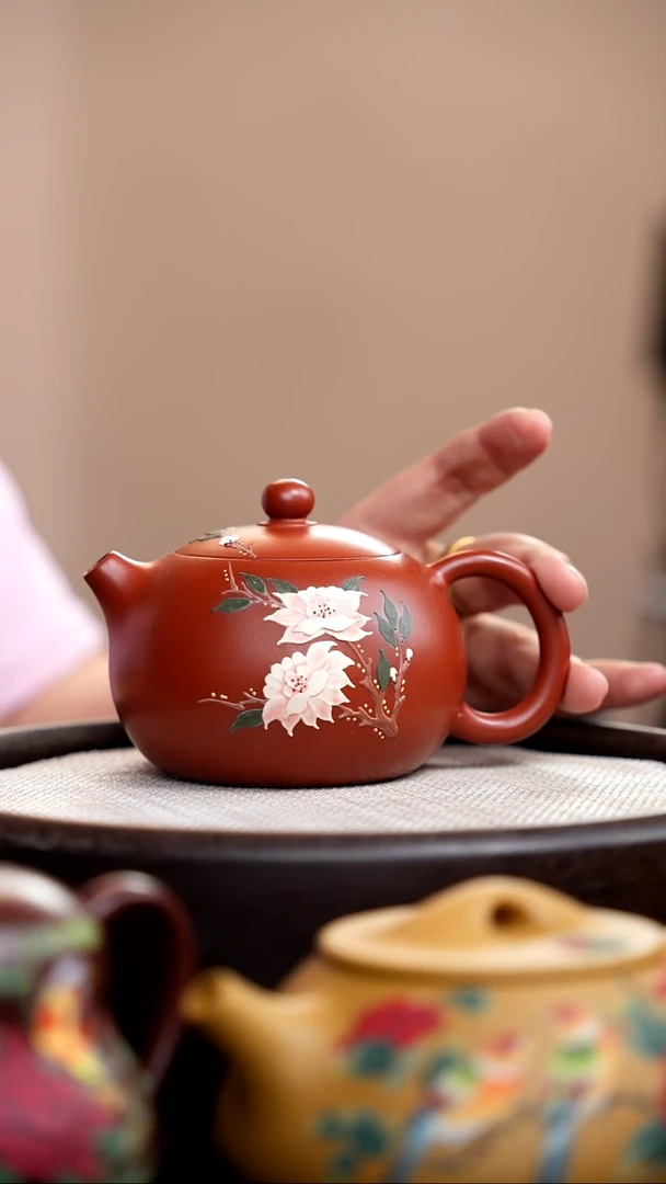 茶壶紫砂朱泥西施泥绘双花