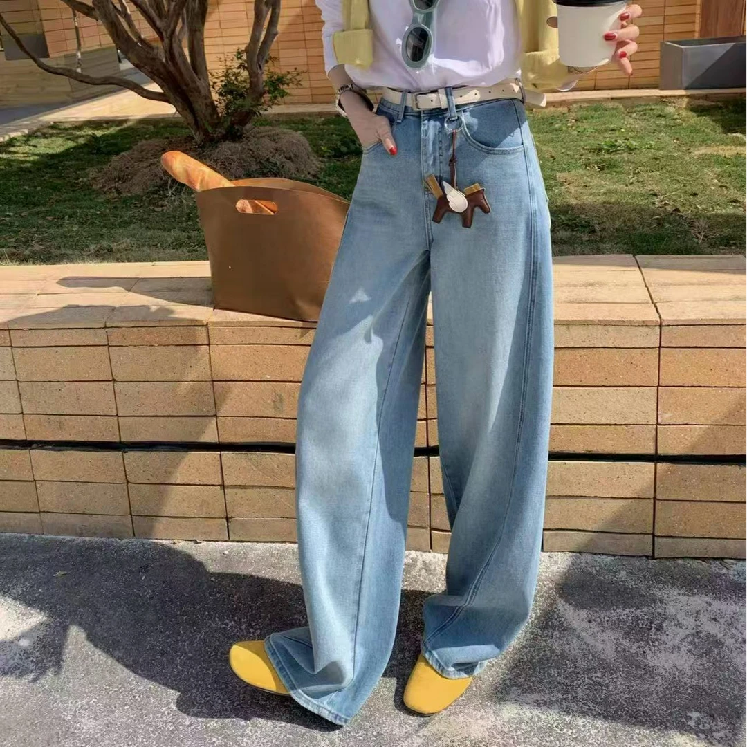 欧货正品高腰磨破阔腿牛仔裤女2025春季新款韩版宽松拖地裤