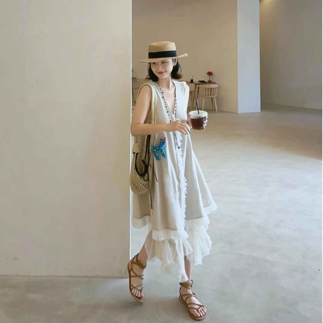 时尚套装花边无袖中长款背心裙女装夏季2025新款叠穿复古半身裙子